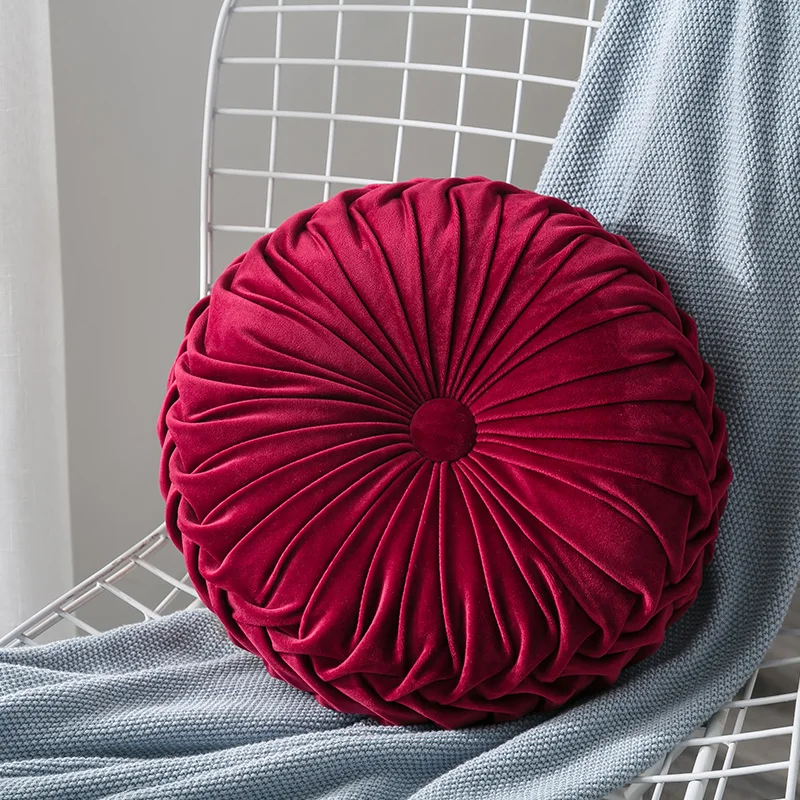Новые круглые бархатные плиссированные подушки, однотонные домашние подушки для дивана, дивана - Цвет: Красный