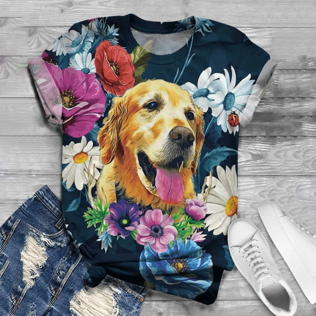 Plus Size T Shirt Women Short Sleeve 3D Digital Letter Dog Animal