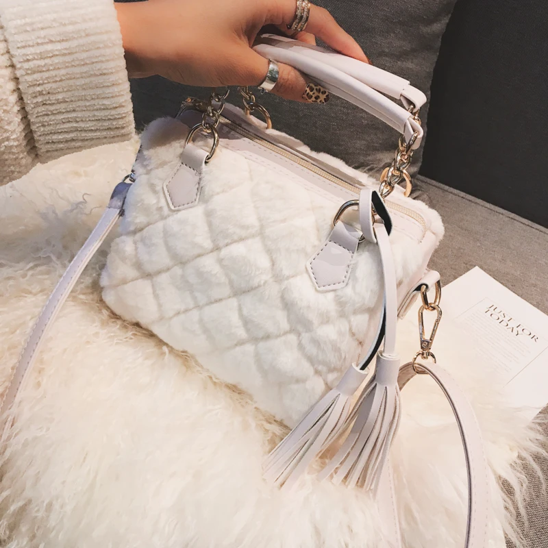 White Elegant Female Plaid Tote Bag Winter New Quality Soft Plush Women's Designer Handbag High capacity Shoulder Messenger bags - Color: White