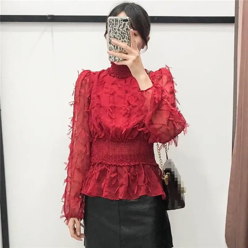 Женские осенние стильные рубашки Harajuku с длинным рукавом, красные топы с высокой талией, коллекция Лолита с кисточками