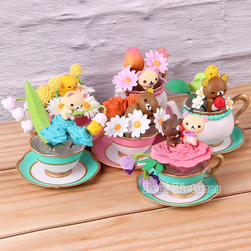 Медвежонком-рилаккумой Цветочный чай чашка Rilakkuma Рисунок ПВХ Фигурки Коллекционная модель игрушки украшения подарки 6 шт./компл