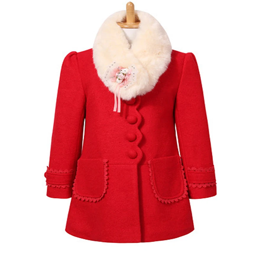 Kids Children girls woolen jacket pink thick big fur collar woolen coat princesses kids autumn winter wedding party clothes