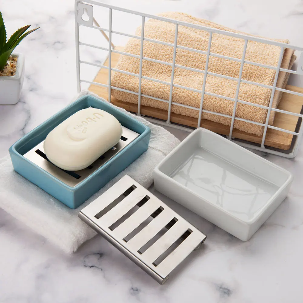 Soap Dish Holder Stainless Steel with Ceramic Seat for Bathroom Shower Riser Kitchen Organized | Обустройство дома
