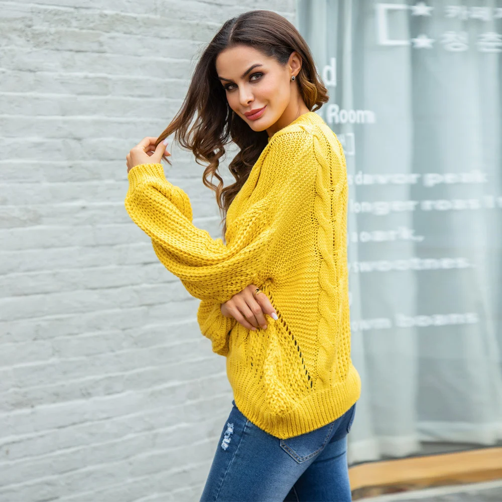 Women's winter sweaterAmazon new solid color twist round neck pullover sweater lazy wind loose long-sleeved sweater women