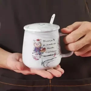 Новая керамическая чашка для питья с крышкой Ложка поросенок милый современный минималистичный мраморный узор Пара кружка для молока кофейная кружка стаканы Грин - Цвет: 400ML