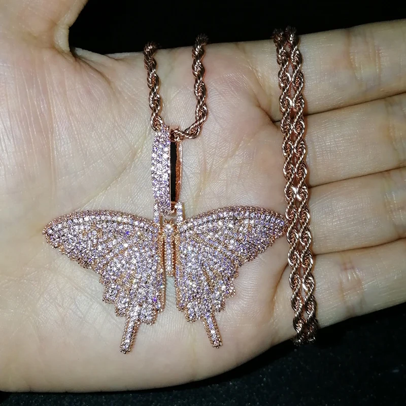 Микро проложили AAA+ кубический цирконий Bling Iced Out Бабочка Подвески ожерелье для женщин мужчин хип хоп рэппер ювелирные изделия розовое золото серебро
