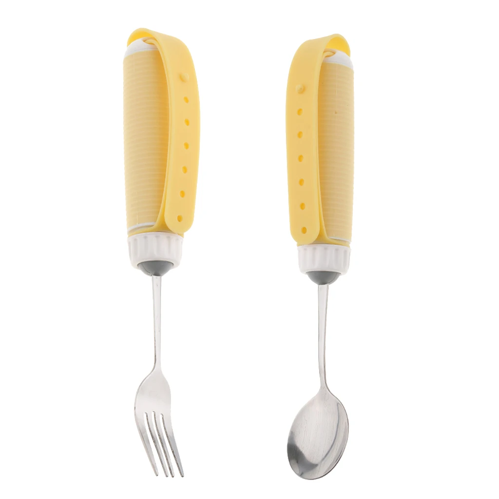 2pcs Arthritis Elderly Parkinson Adults Kids Utensil Eating Meal Spoon Fork Kit - Steel & Silicone- Non Weighted Non Slip Design