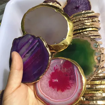

Plated Gold Edges Natural Agates Round Shape Coaster Teacup Mat Coffee Mike Juice Hot Drink Mat