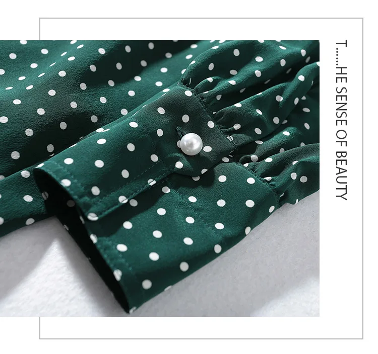Весна дизайн Polk Dot Print Элегантные зеленые платья из натурального шелка повседневные большие качели трапециевидные роскошные женские платья