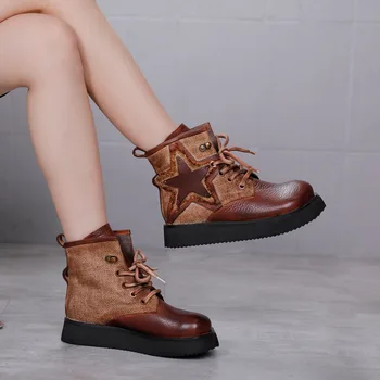 

YourSeason Women Genuine Leather Lace Up Shoes New 2021 Winter Retro Handmade Casual Ladies Ankle Platform Boots Round Toe