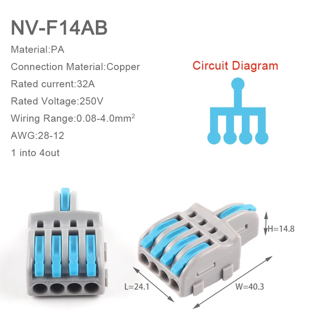 5PCS 1 in multiple out Splitter plug-in Quick Wire Connectors Combined Butt Parallel Terminals With Lever For Junction Box 5PCS NV-F14AB