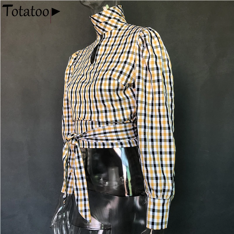 Totatop, водолазка с длинным рукавом, клетчатая короткая футболка для женщин,, весна-лето, низкий вырез спереди, открытая спина, бандажный короткий топ, женская футболка