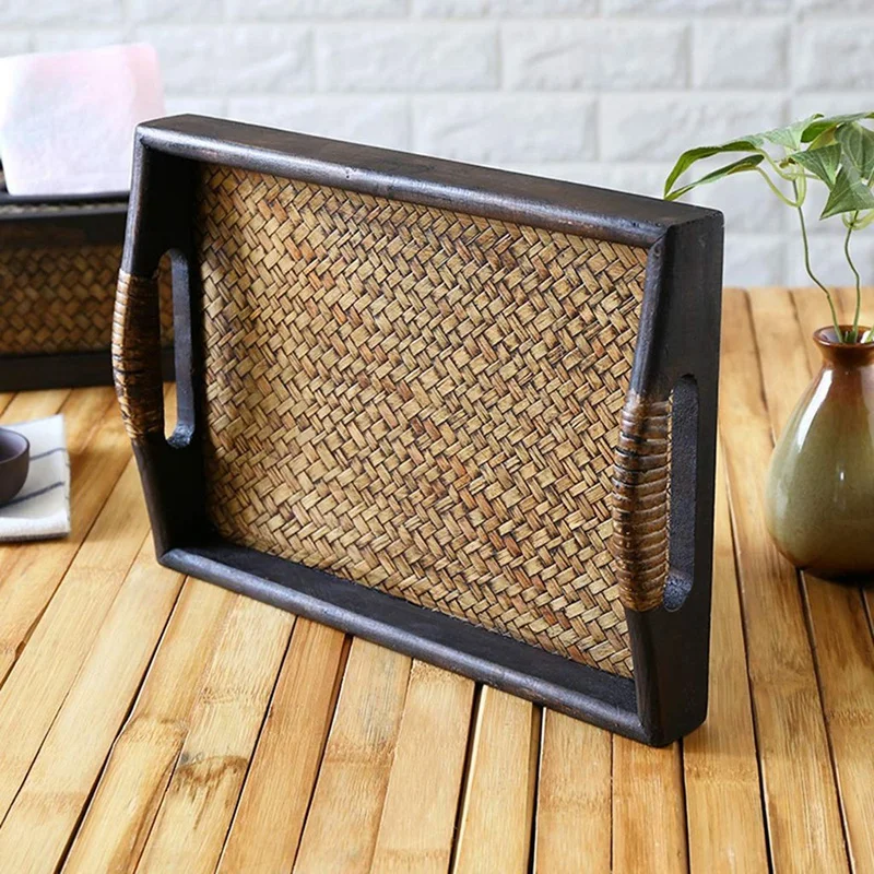 Handmade Rattan Bamboo Tea/Oil Trays Dessert/Coffee/Fruits Plate 27.8 x 20.4 x 4Cm