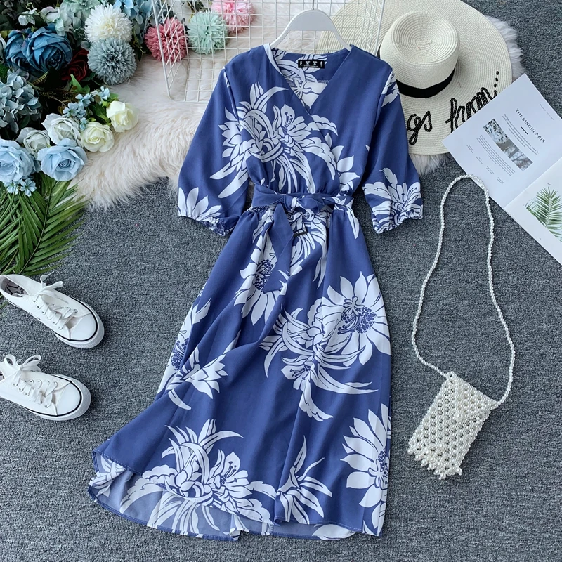 Boho V образным вырезом Летнее цветочное платье миди длинное шифоновое платье Вечерние Бандажное женское повседневное вечернее элегантное пляжное праздничное ТРАПЕЦИЕВИДНОЕ ПЛАТЬЕ