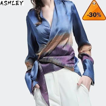 

Blouse Women Satin Blue Purple Mixed Colors Printed Long Sleeve Sashes Tie Up V Neck Tops Elegant Slim Female Casual Blouses