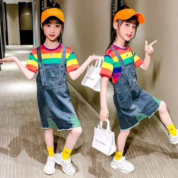 

2020 children's suits girls summer new products rainbow T-shirt denim strap skirt two-piece tide