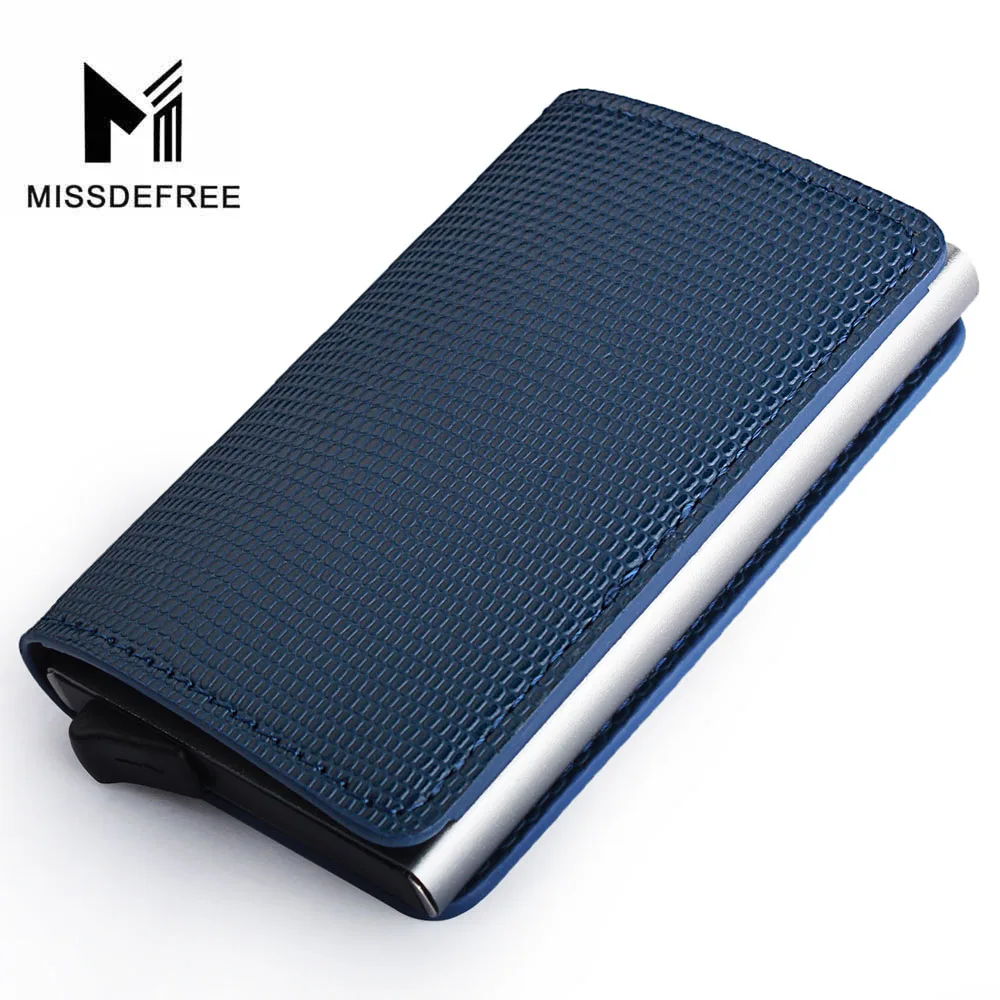 Алюминий бумажник с заднего кармана ID Card Holder RFID Блокировка мини-тонкий металлический кошелек автоматические всплывающие Кредитная карта монет кошелек