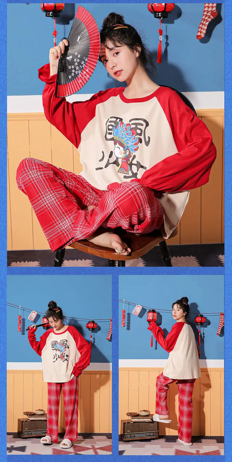 Conjuntos de pijama feminino manga comprida estampa desenho kawaii letras  gola redonda roupas de casa para