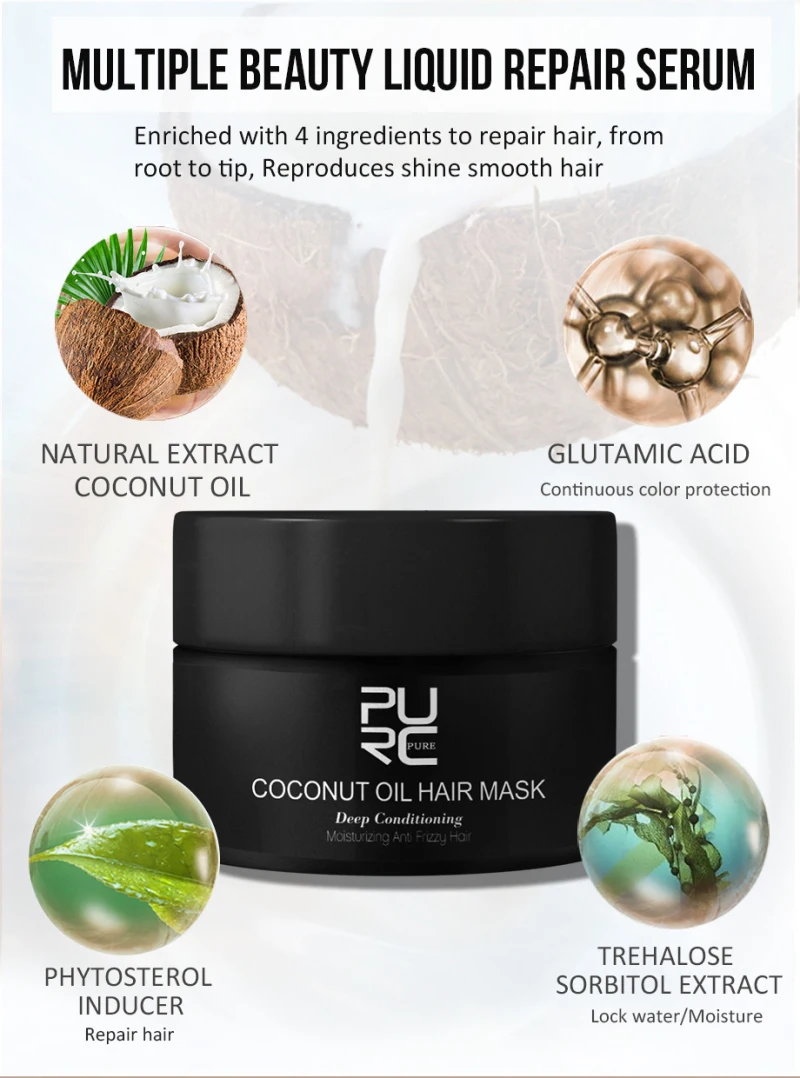 50ml PURC Coconut Oil Hair Mask Repairs Damage Restore Soft Good Or All Hair Types Keratin Hair & Scalp Treatment For Ha 50ml PURC Coconut Oil Hair Mask Repairs Damage Restore Soft Good Or All Hair Types Keratin Hair & Scalp Treatment For Ha