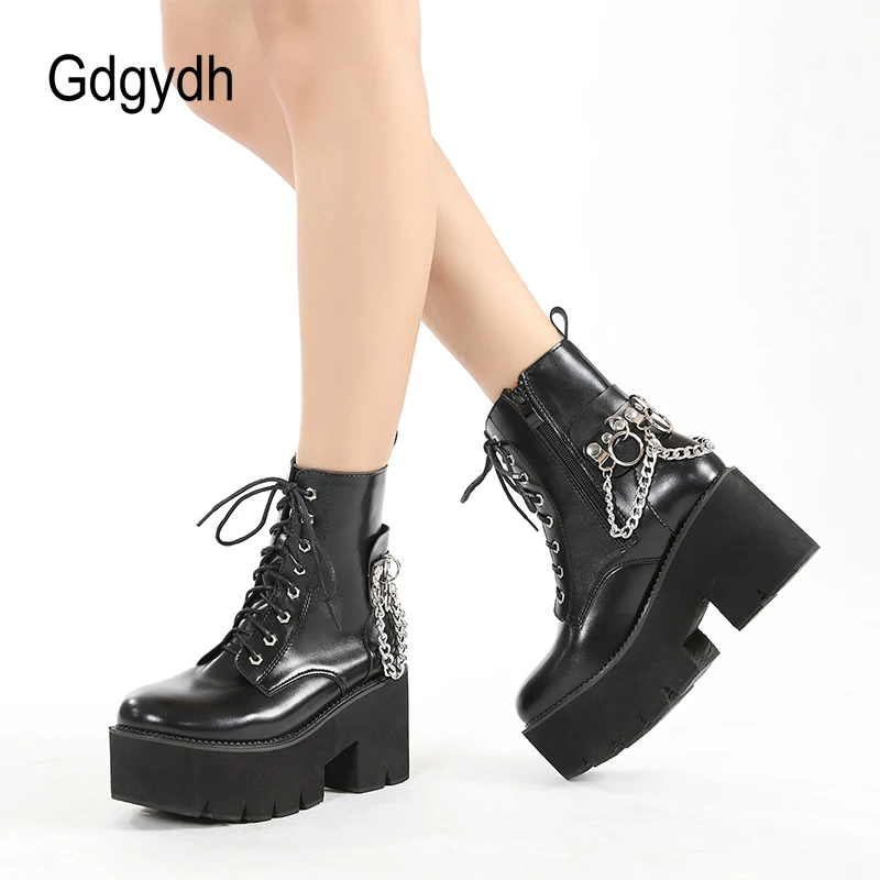 

Gdgydh Goth Platform Chunky Heels Combat Boots for Women Metal Chain Halloween Comfy Black Goth Heeled Boots Wide Calf