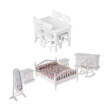 

5 Piece Model Table Chair a Manger Set Furniture Doll House Miniature White 1 / 12 & 1 set 1: 12 Dollhouse Miniature White Woode