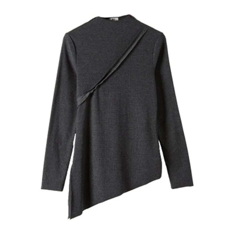 

GGRIGHT Autumn Winter Women Turtleneck T Shirt Tees Asymmetrical T-Shirts Female Solid Color Long Sleeve Shirt Tops Black Gray