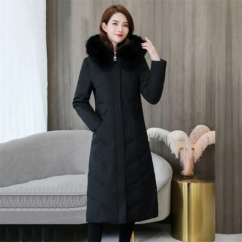 

2019 Winter Down Jacket Women Over The Knee Thicken Warm Hooded Long Coat Large Size Fur Collar White Duck Down Overcoat JIU121