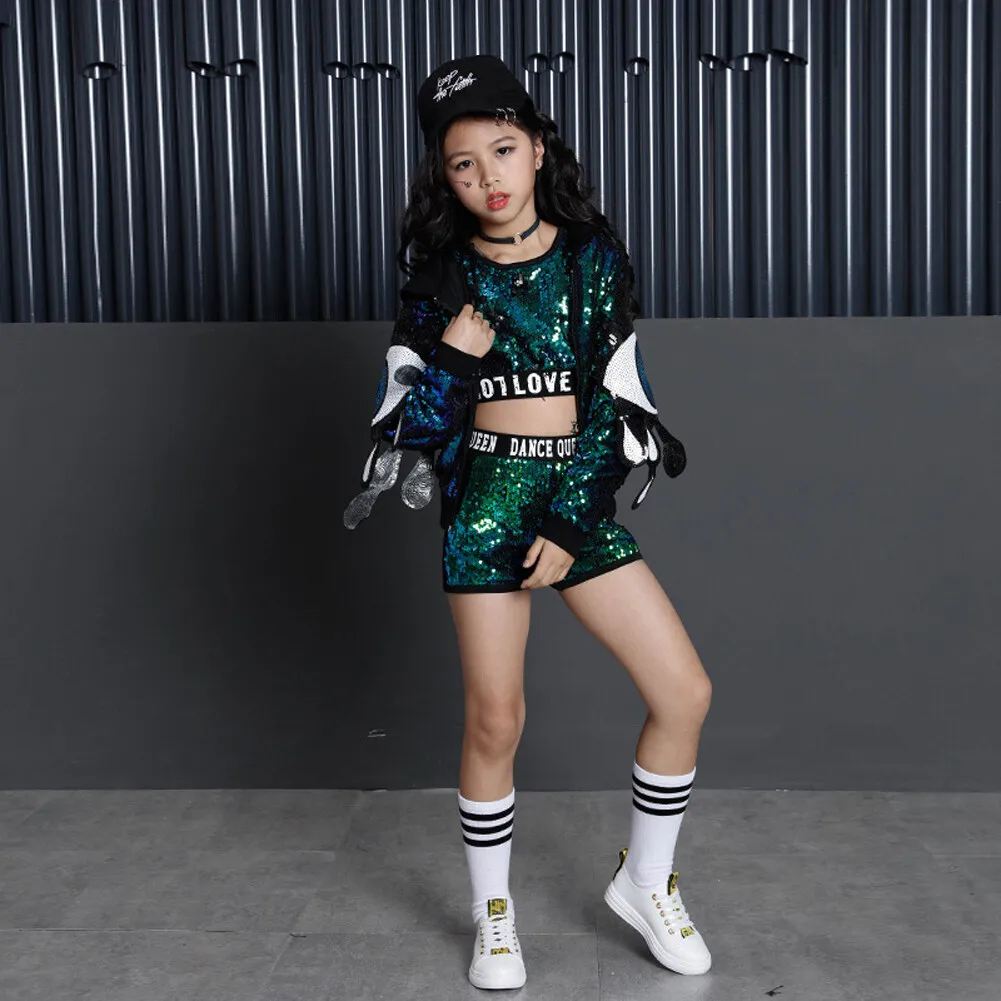 Lolanta 2Pcs/4Pcs Girls Jazz Street Dance Modern Dance Costumes Sequnines Hip Hop Stage Performance Wear 4-16 Years