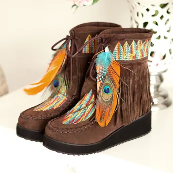 

Newest Women Platform Boots Unic Lace Up Feather Lady Embroidered Shoes Ethnic Style Women Tassels Ankle Boots