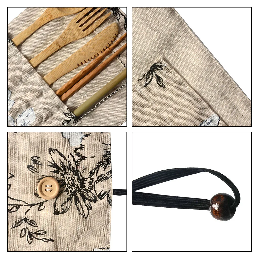 Portable Bamboo Cutlery With Bags Travel Eco-friendly Fork Spoon Chopsticks Straw Brush Set Include Reusable Bamb Tableware