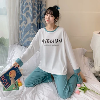 

Pajamas Set Women Autumn New Homewear Cotton Cartoon Shirt + Long Pant 2 Piece Cute Sleepwear Pyjama Female Lady