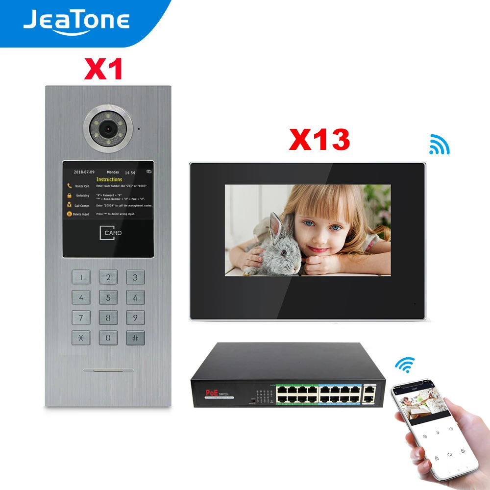 JeaTone 7Inch WiFi IP Touch Screen Large Building Video Intercom for 13 Families Access Control with RFID Card/APP Remote Unlock