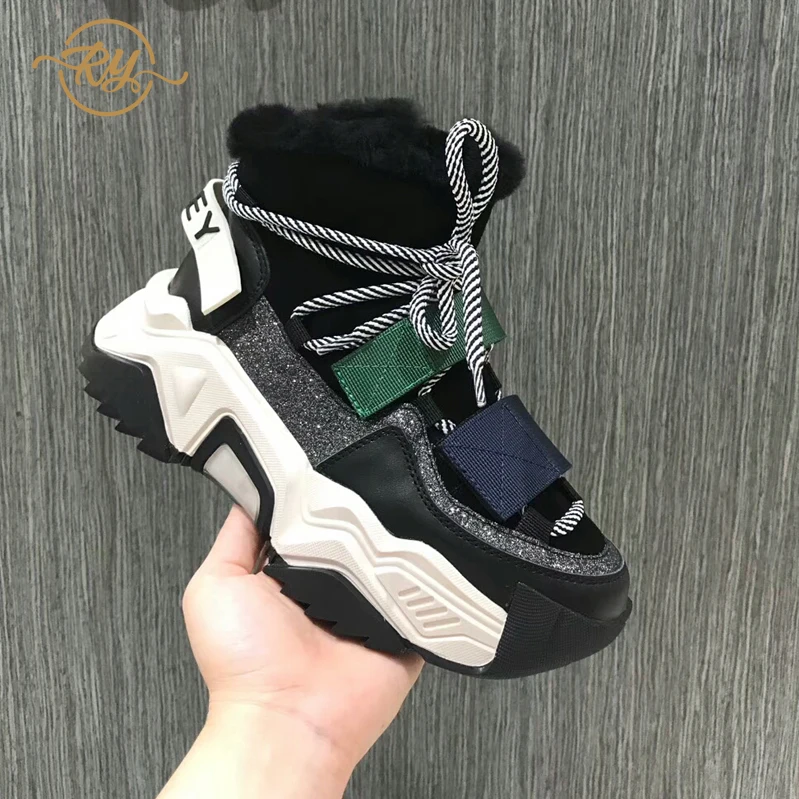 Beste RY RELAA vrouwen sneakers 2018 mode Echt Leer winter Plus fluwelen ins stijl platform casual schoenen vrouwen hoge top sneakers