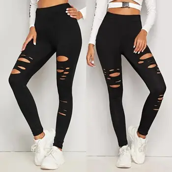 

Fashion Womens Hole Solid Color Leggings Tightening Casual Long Pants