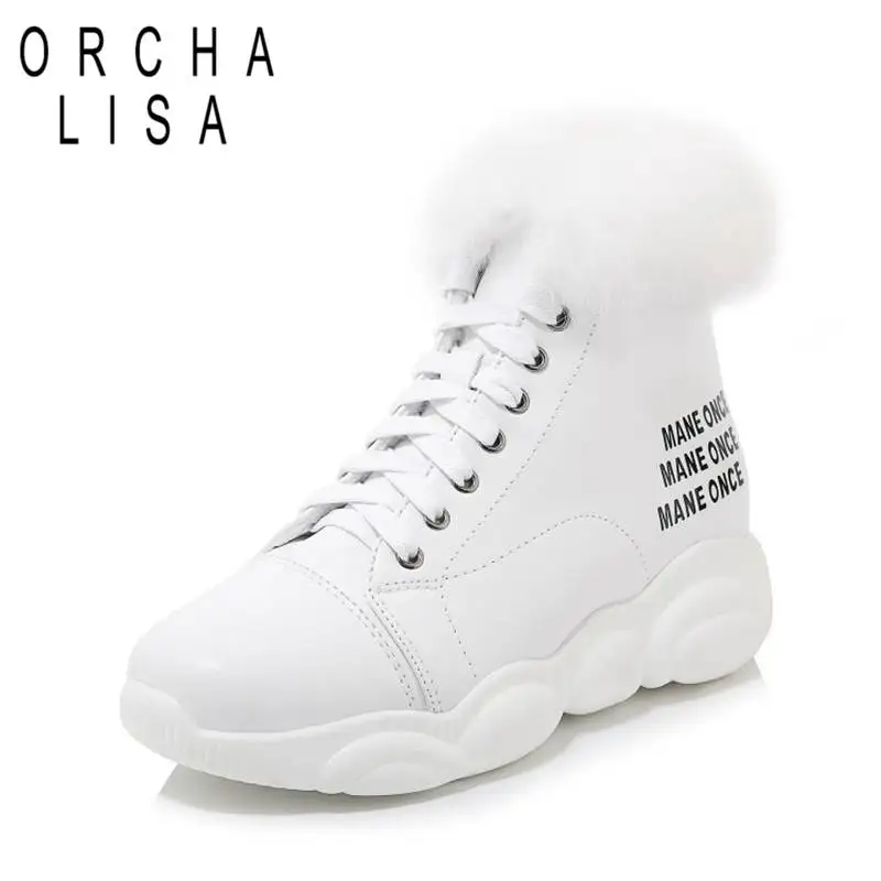 

ORCHA LISA Snow winter Women Ankle Boots Round Toe Platform Faux leather Fur Letters Cross-tied Plush Big size 29-46 Black White