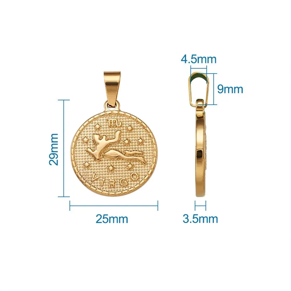 12pcs/set Stainless Steel Pendant Flat Round with Twelve Constellation/Zodiac Sign For DIY Jewelry Necklace Making Accessories