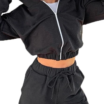 

2Pcs Women Outfits Autumn Solid Color Hooded Tops High Waist Shorts Suit Casual Matching Sets Two Peice Set Women Sweat Suit Set