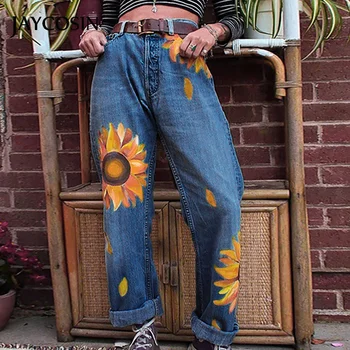 

JAYCOSIN Denim Casual Loose Cowboy Mid Waist Sunflowers Pants Length Jeans Wide Leg Female Stretch For Women New Arrival 2020 J#