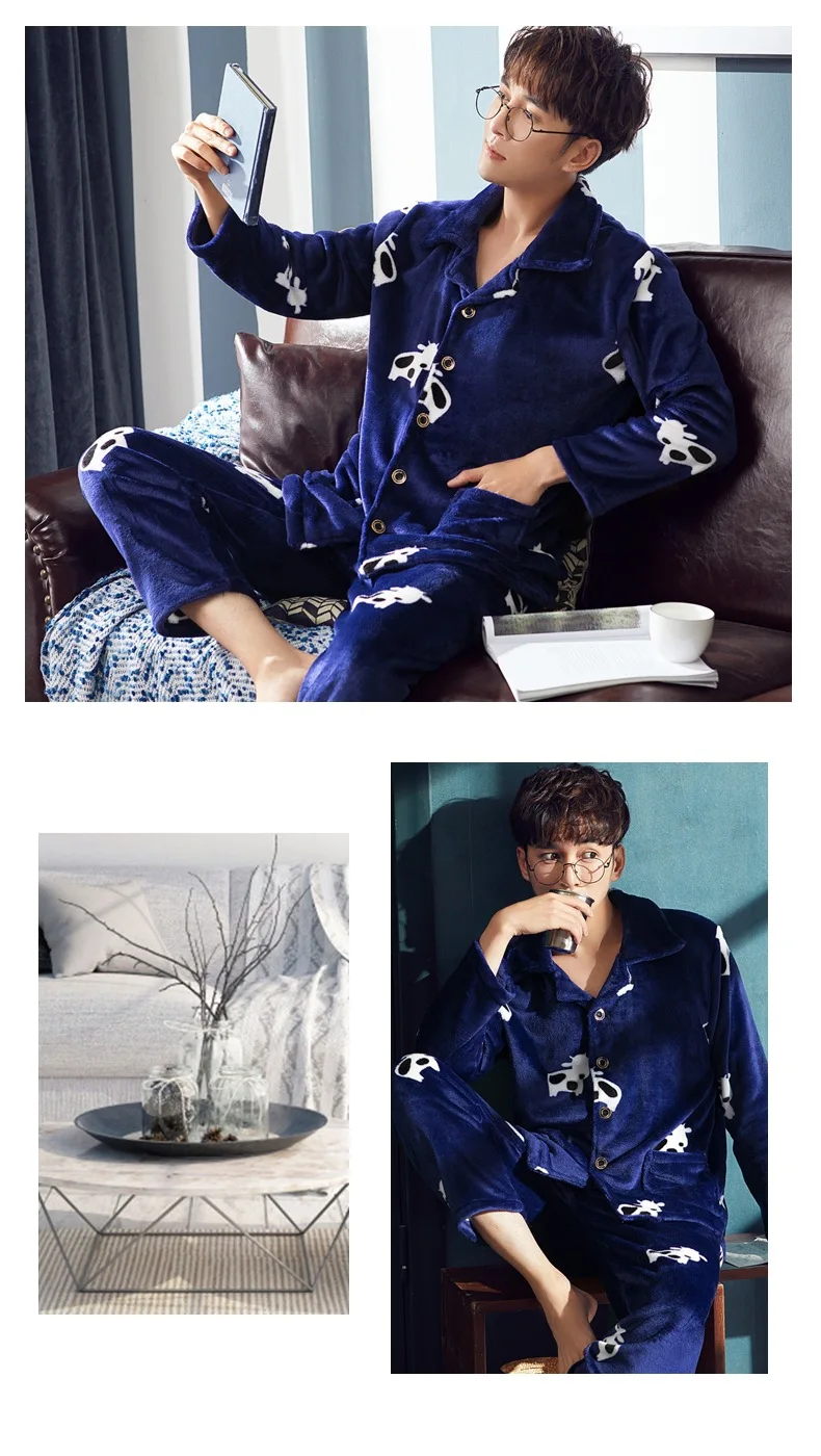 Men Autumn Winter Coral Wool Long Sleeve Trousers Solid Pajamas Youth Home Wear Warm Flannel Middle-Aged Two Suit Халат