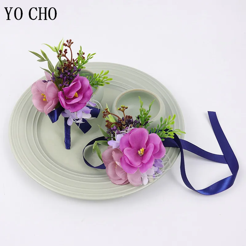 

YO CHO Wedding Wrist Bracelet for Bridesmaids Flowers Silk Rose Men Boutoniere Dress Decor Wedding Witness Sister Brooch Flowers