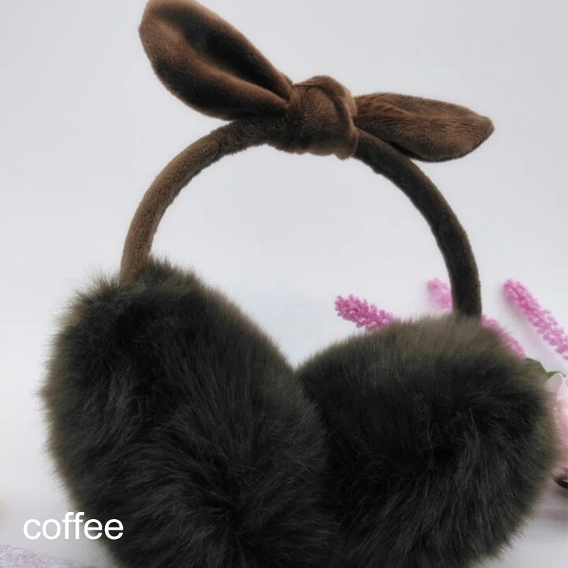 coffee Милые женские наушники ярких цветов с милыми заячьими ушками, мягкая плюшевая Зимняя повязка с бантом, теплые наушники-вкладыши, защита для ушей, наушники для девочек - Цвет: coffee