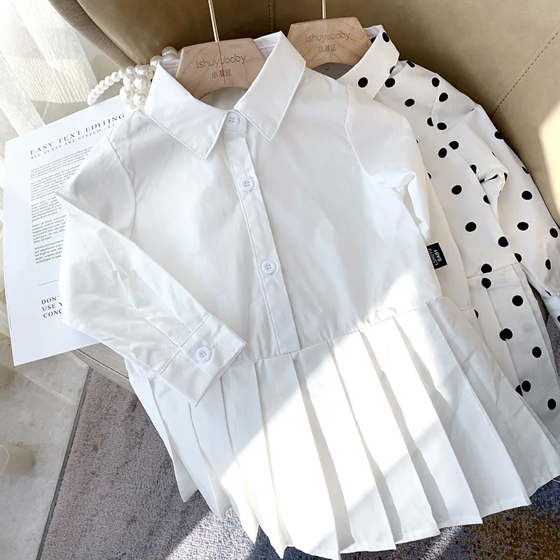 Fashion Baby Girl Cotton Shirt Dress Long Infant Toddler White Dot Pattern Blouse Summer Autumn Spring Outfit Baby Clothes 1-10Y