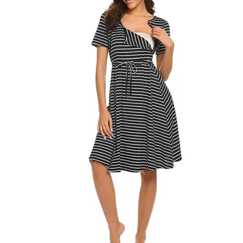 

Childbirth Delivery Breastfeeding Short Sleeve Striped Sleep Dress Nursing Nightgown Crew Neck Maternity Clothings Soft Fashion