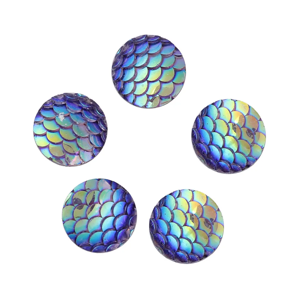 50PCs 8mm/12mm Resin Round Mermaid Fish Dragon Scale Dome Seals Cabochon Royal Blue AB Color For DIY Earring Jewelry Making
