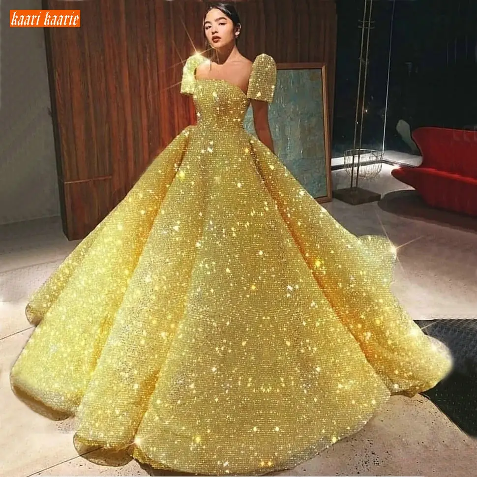 

Shiny Arabia Gold Evening Dresses Long Bing Bing Sequined Ball Gown Women Formal Dress Africa Princess Custom Made Evening Gowns