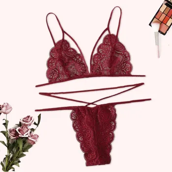 

Sexy Women Lace Plus Size V-Neck Hollow Bra Thong Set Pajamas Lingerie Sleepwear Wire Free Lntimate Underwear Ladies Bras