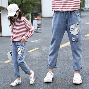 

Kids Girls Jeans Cartoon Baby Girl Clothes Spring Autumn Overalls for Big Kids Cotton Teenage Loose Blue Denim Trousers 3-13T