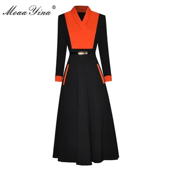 

MoaaYina Fashion Designer dress Spring Autumn Women's Dress V-neck Long sleeve Sashes Patchwork Office Lady Dresses