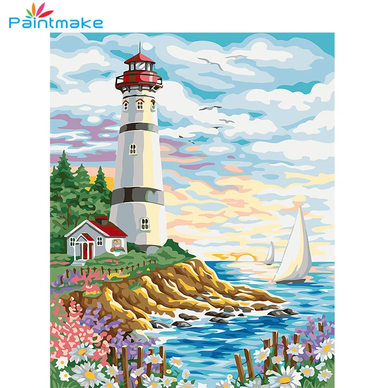 Paintmake пейзаж DIY живопись по номерам морская башня масло ручная роспись на холсте