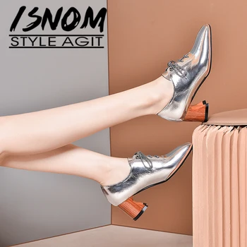 

ISNOM Lace Up Casual Shoes Square Toe Heels Thick Shoes Women Metal Leather Mirror Fabric 2020 Spring Summer Style